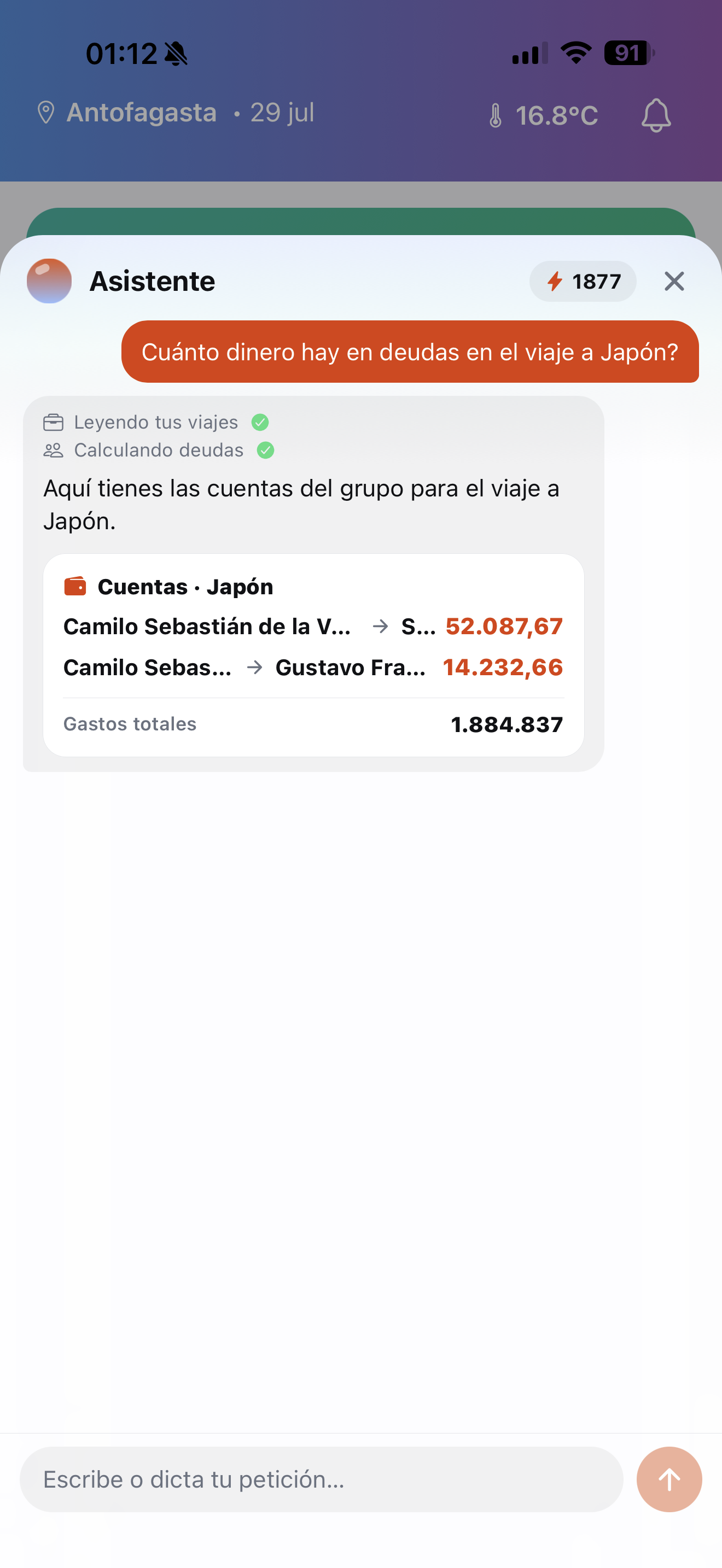 Assistant showing a group balances card with who pays whom