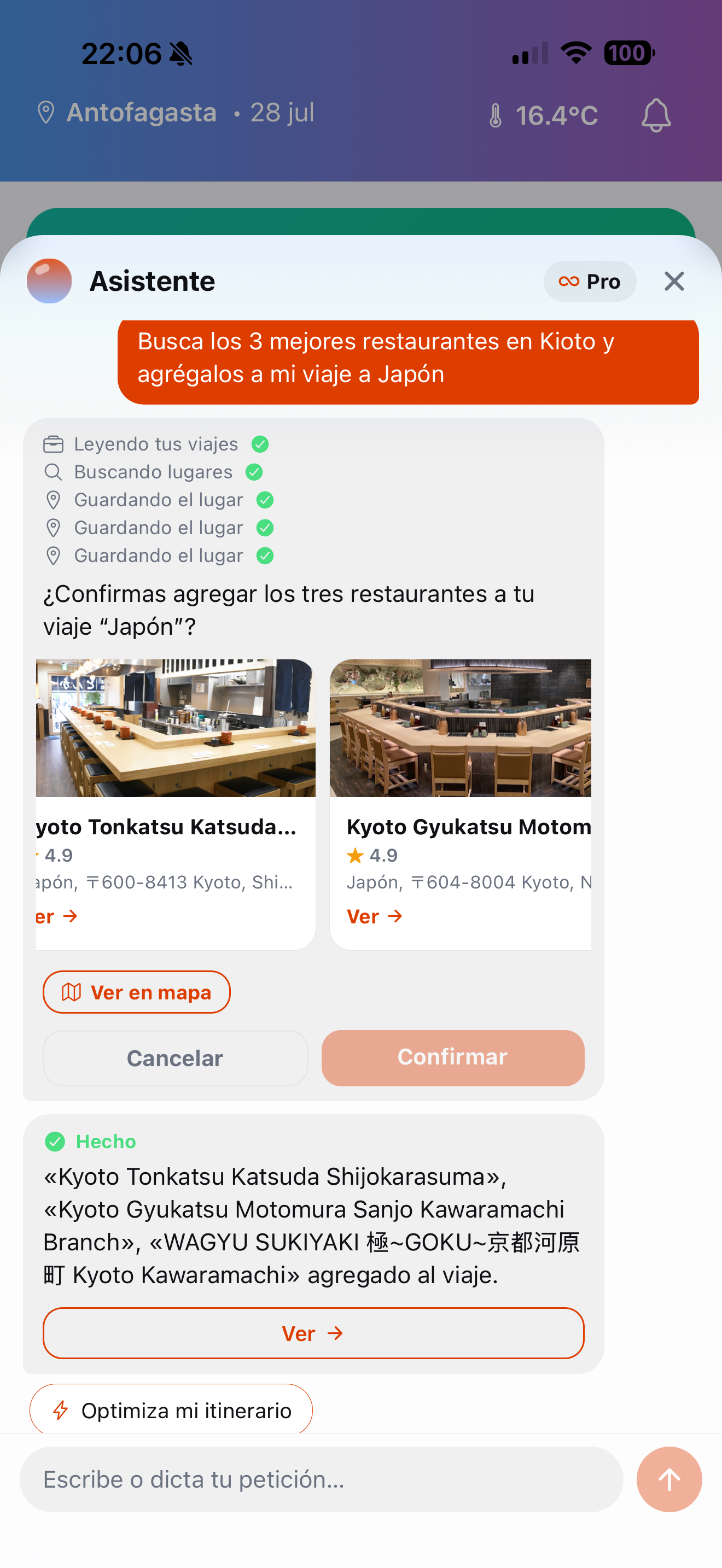 Assistant finding the 3 best restaurants in Kyoto and saving them into a trip
